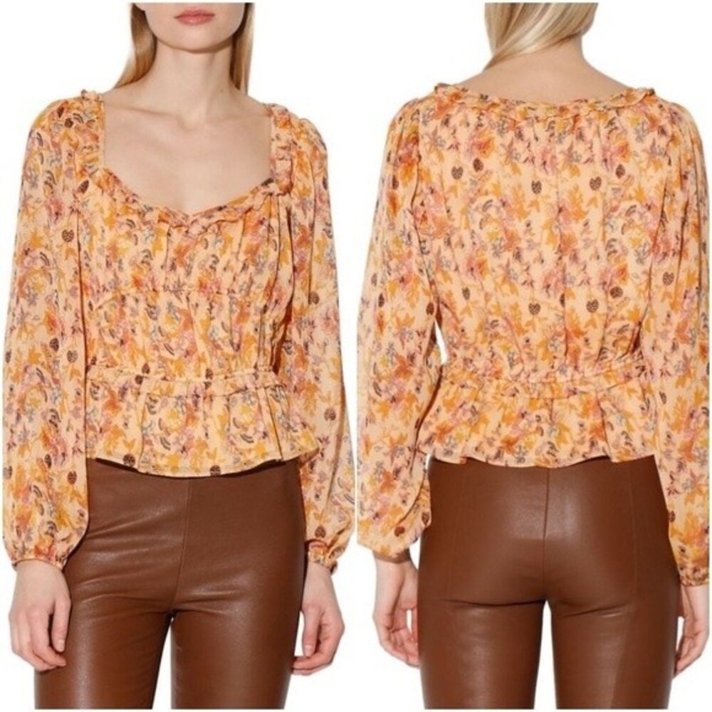 WALTER BAKER Blouse Small Orange Floral Cottagecore Boho Coquette Spring Sheer